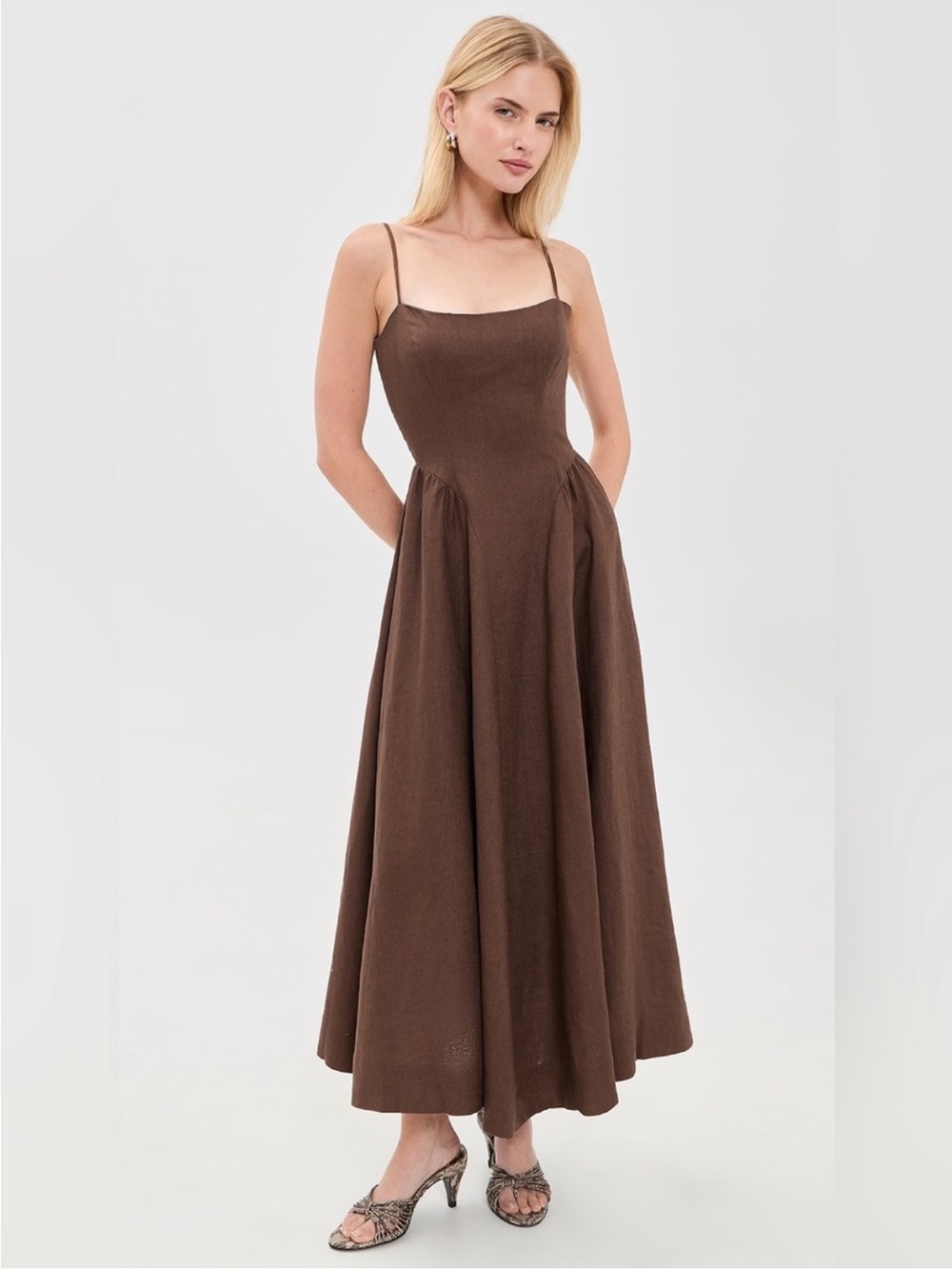 Reformation Brown Spaghetti-Strap Midi Dress